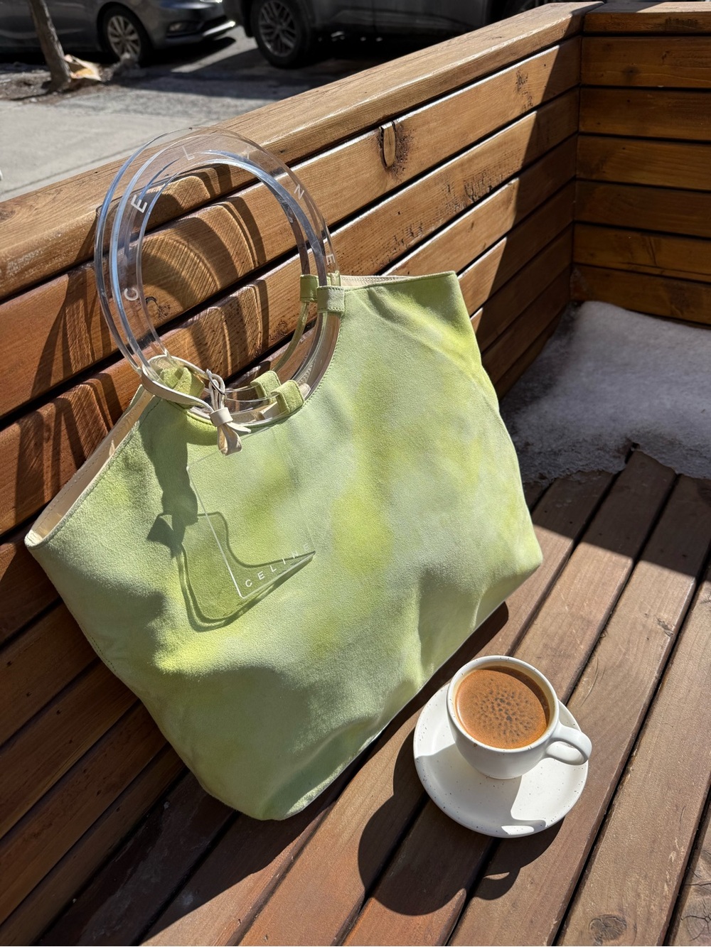 Celine Lime Green Suede Tote with Clear Circular Handles